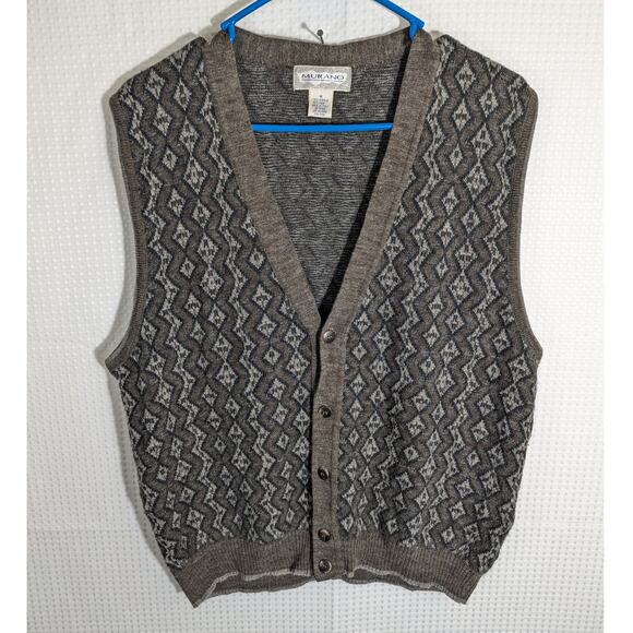 Murano M Wool Blend Sweater Vest Mens Brown Gray Knit Geometric Vintage Italy - Picture 1 of 3